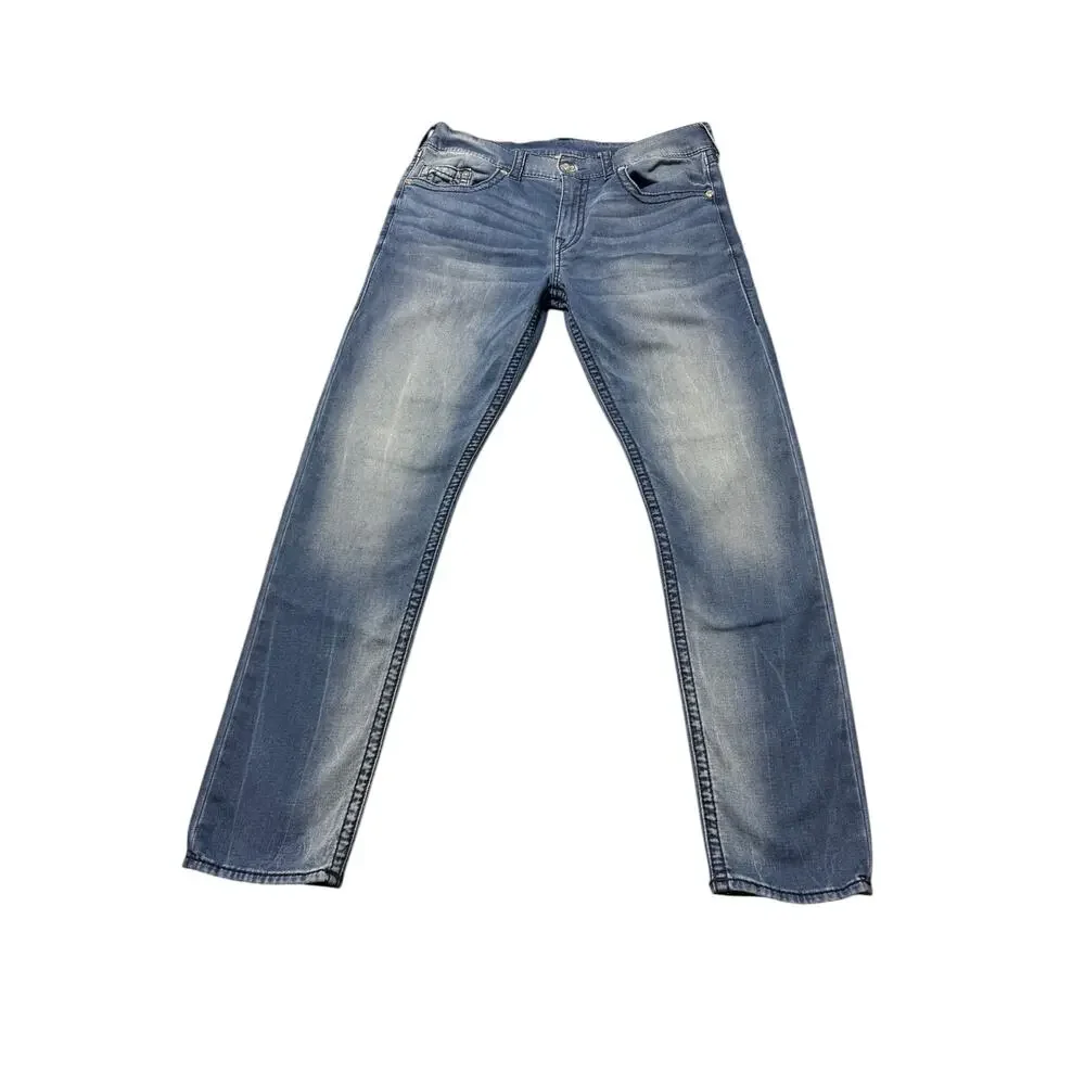 True Religion Straight Jeans Mens 36 Blue Denim Geno Relaxed Slim Fit Stretch